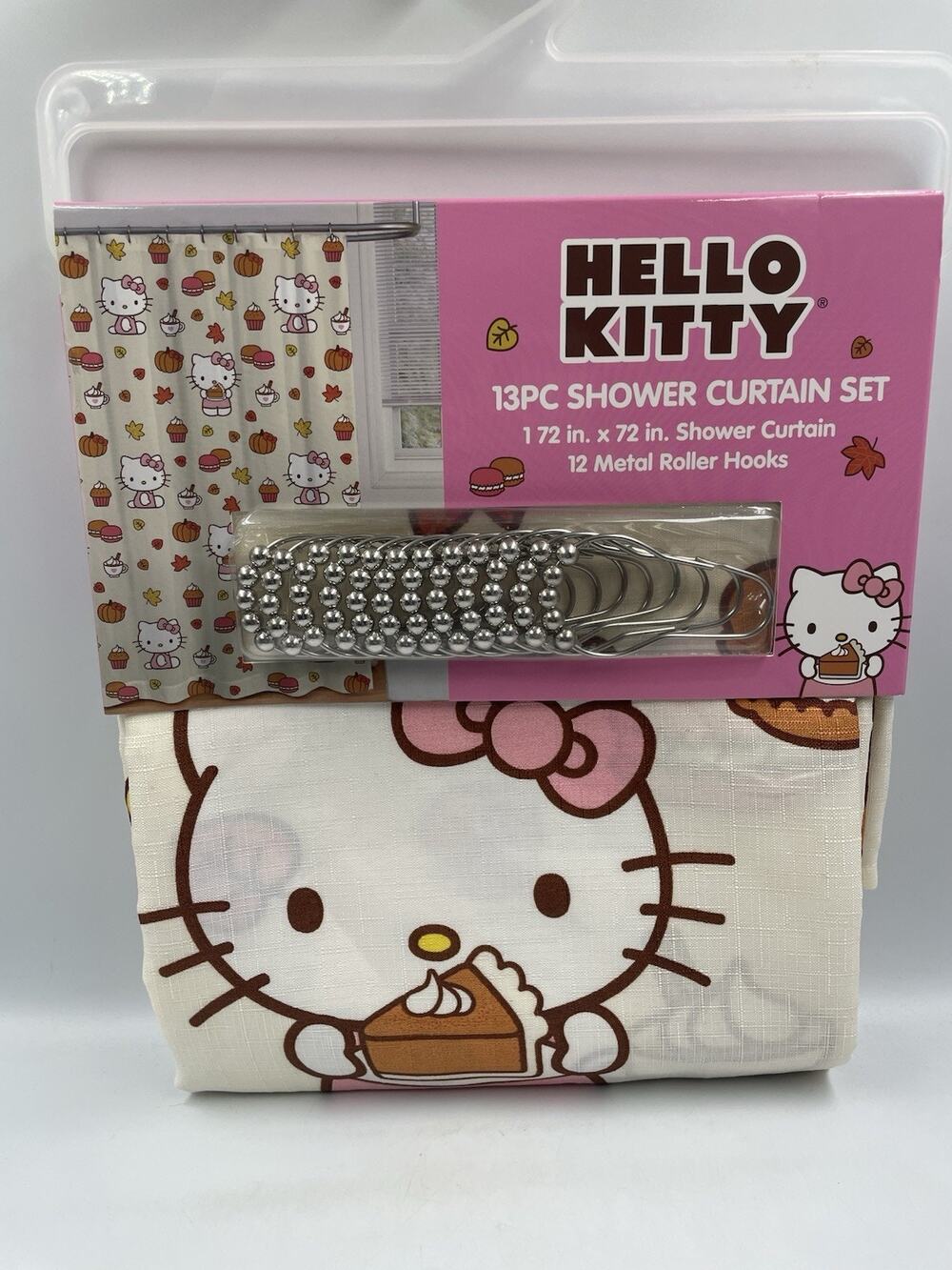 Hello Kitty 13pc Shower Curtain Set 72x72 & Rods Fall Harvest Pumpkin Pie NEW